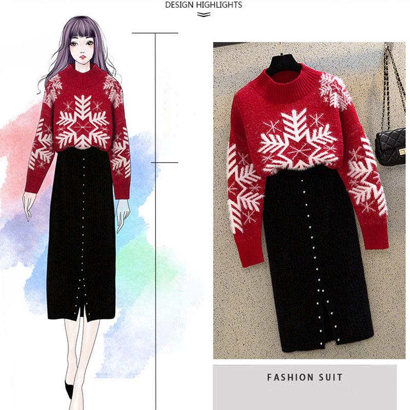 Autumn and Winter Sweater Set Women Snowflake Print Sweater and Mohair Bodycon Skirt Two-piece Set Ladies Christmas Sweater Set