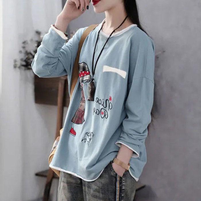 Large Size Little Girl Print T-shirt Casual Loose Pullover Ladies Long Sleeve Shirt Summer