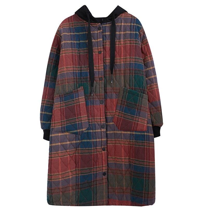 Women Vintage Winter Parkas Plaid Button Coats Pockets Korean Style Parkas