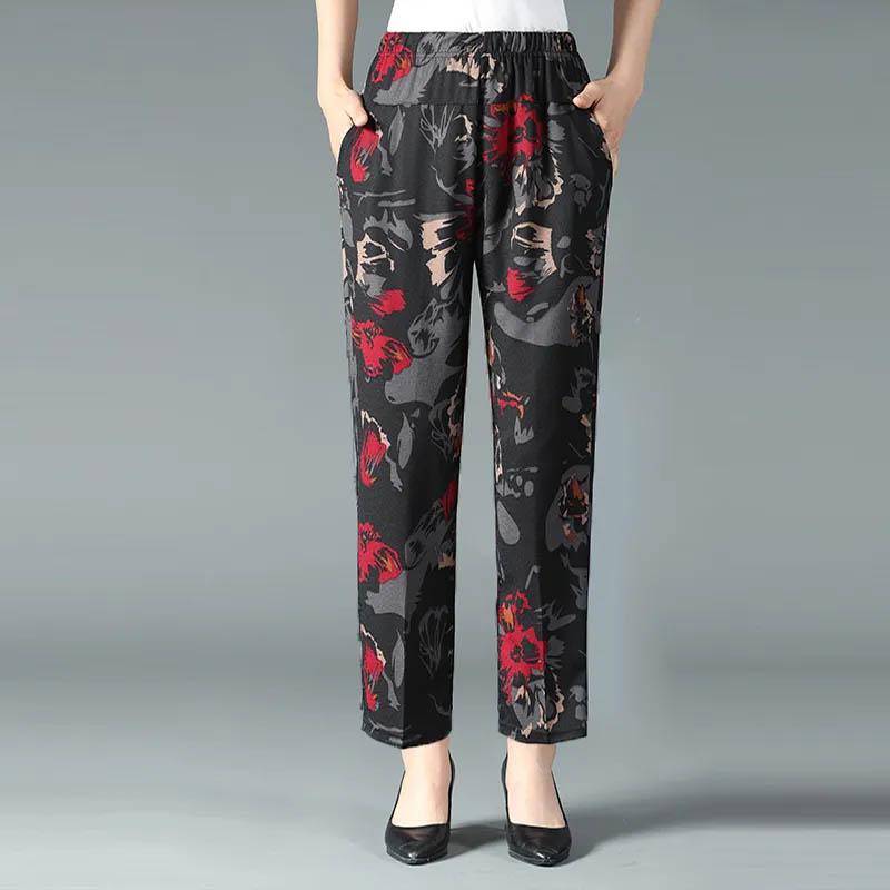 Summer Thin Women's Pants Casual Large Size Loose Pants Breathable Printed Nine-point Pants High-waisted Straight-leg Pants