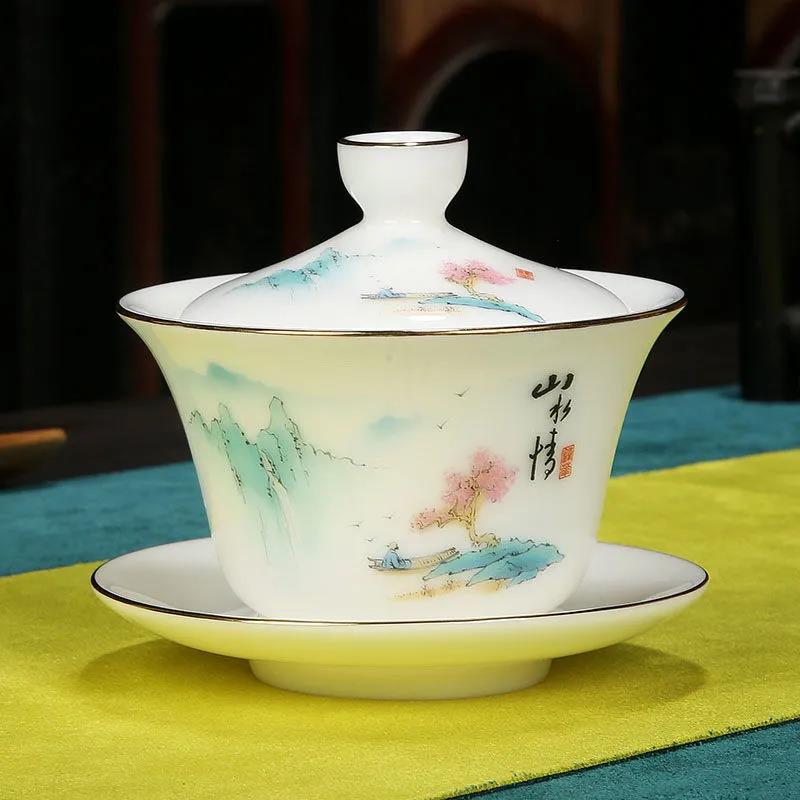 Ceramic Mutton Jade Tea Set Set High White Porcelain Hand-painted Simple Gold-painted Three-caps Tea Bowl Home Office
