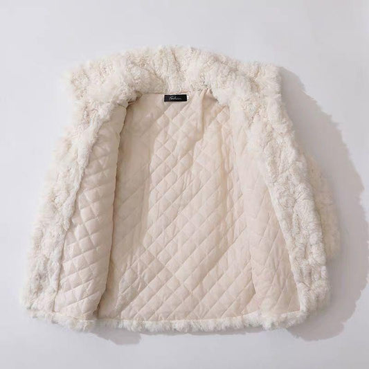Winter Lamb Velvet Fur Coat Female Stand-up Collar Mid-length Lazy Style Horn Button Imitation Rex Rabbit Fur Coat