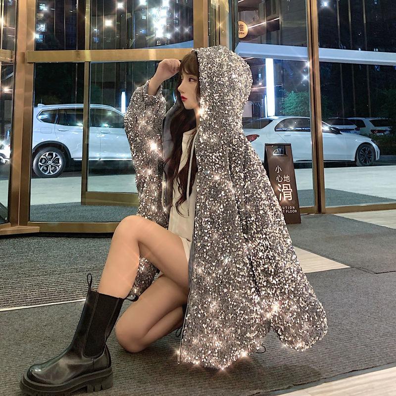 Starry Sky Hooded Zipper Jacket Women's Loose Short Glossy Jacket Regular Jacket Women's Spring and Autumn Seasons