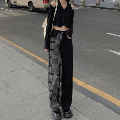 Retro Contrast Color Wide-leg Jeans Women's Spring New Loose Vibe Retro Design High Waist Straight Mop Pants