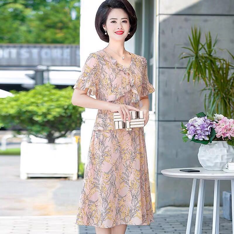 Chiffon Dress Spring Summer Ladies Irregular Over The Knee Long Dress Retro Lotus Leaf Floral Dress Round Neck Short Sleeves