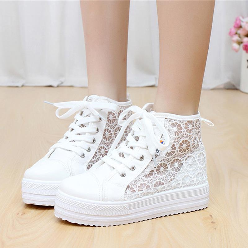 Cutouts Lace Canvas Shoes Hollow Floral Print Breathable Platform Women Casual Shoes Woman