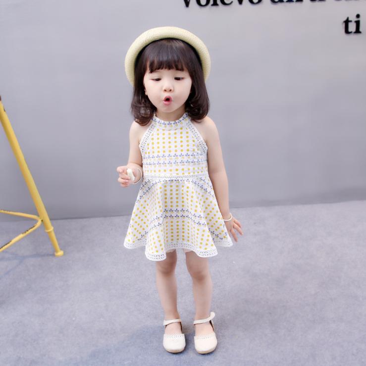 Girls' Summer Korean Style Dot Bohemian Dress Round Neck Sleeveless Dress Lace Cute Baby A-line Skirt