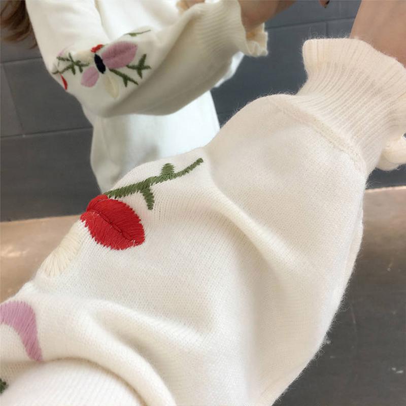 Women Flower Long Sleeve Half Turtleneck Short Pullover Sweater Office Thin Bottoming Shirt