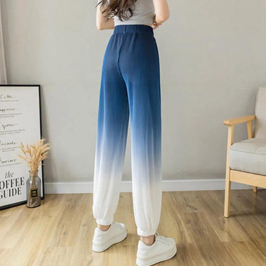 High-grade Ice Silk Pants Summer Loose Large Size Covering Meat Elastic Nine-point Beam Feet Ice Silk Sunscreen Sweatpants