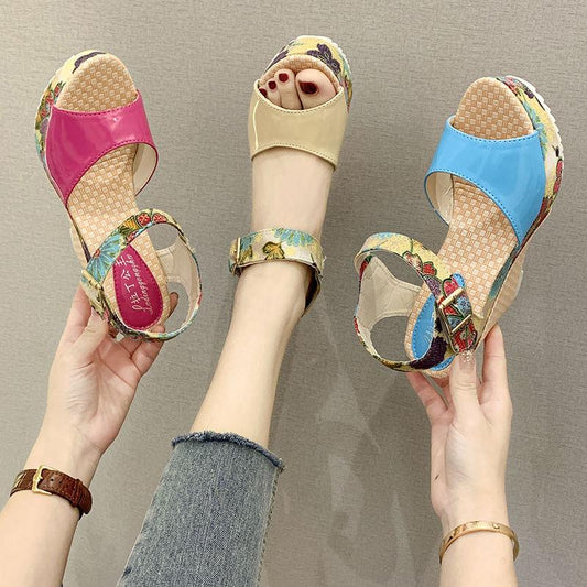 Color Matching Flower High Heels Summer Open Toe Women's Shoes Women's Sandals Wedges  Buckle Belt Everyday All-match Shoes Women