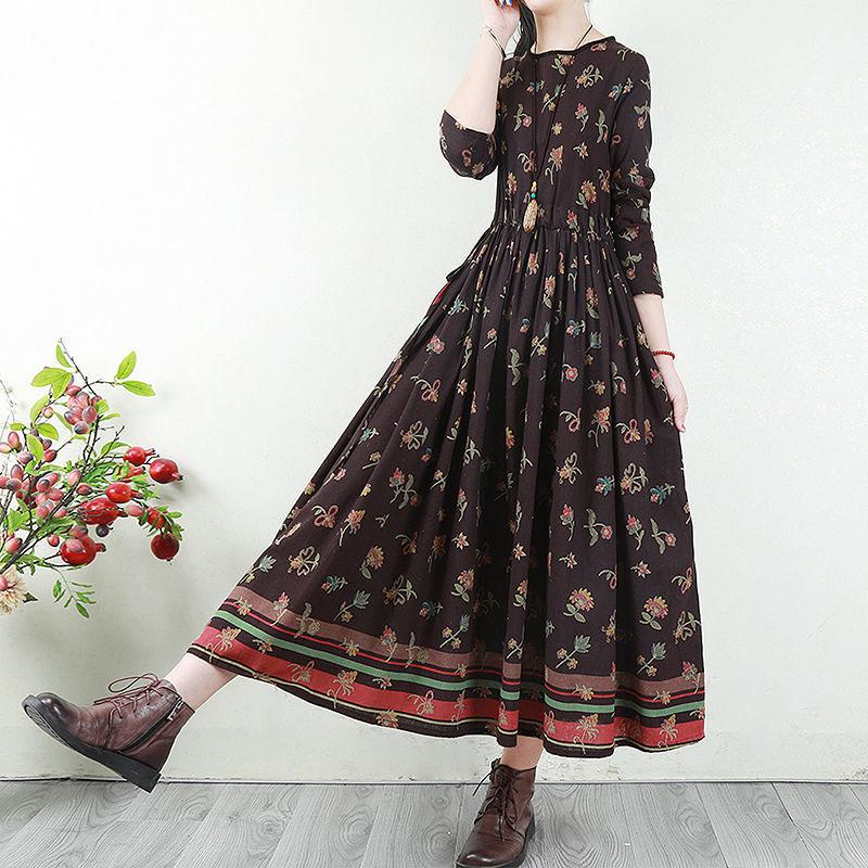 Hua Funi Retro Big Swing Cotton and Linen Women's Dress Spring Super Long Print Waist Temperament Long Skirt Loose Ethnic Style Dress