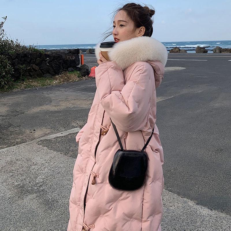White Duck Down Embroidered Down Jacket Women's Horn Button Long Fur Collar Thick Winter Jacket