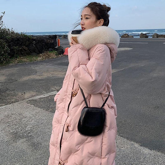 White Duck Down Embroidered Down Jacket Women's Horn Button Long Fur Collar Thick Winter Jacket