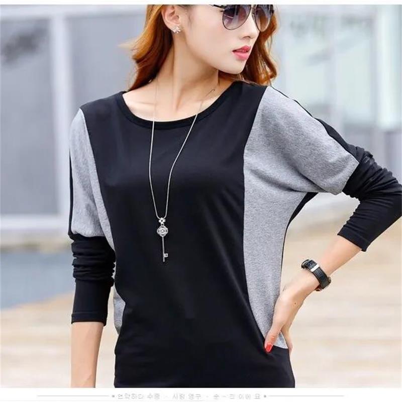 Women's T-shirt Spring Fall Vintage Round neck Long Sleeve Tee Casual Splicing Soft Top Pullover