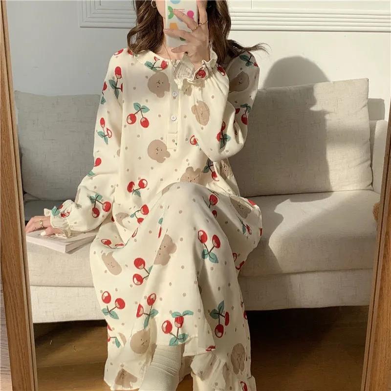 Women's Autumn Winter Pajamas Dress Long Cute Doll Collar Strawberry Printing Sweet Long Sleeve Nightdress Loose Comfortable Homewear