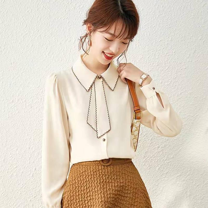 Spring and Autumn Streamer Shirt Inside and Outside Wear Shirt Sweet Puff Sleeve Top Women