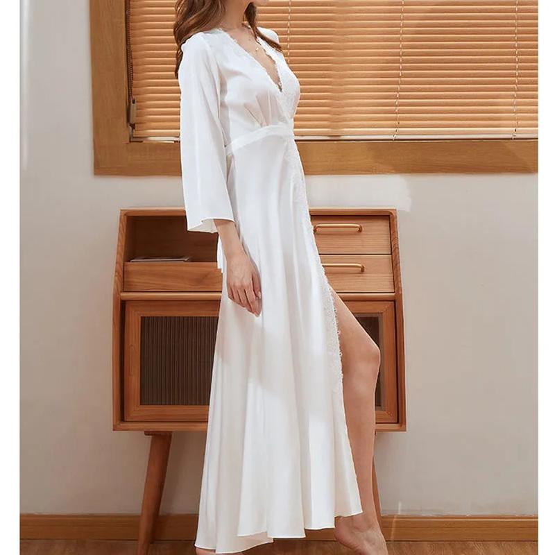 Women's Lace Long Nightdress Wedding Dressing Robe Drape Satin Solid Color Beauty Back Hollow Out Sexy Nightgown French Wedding Pajamas