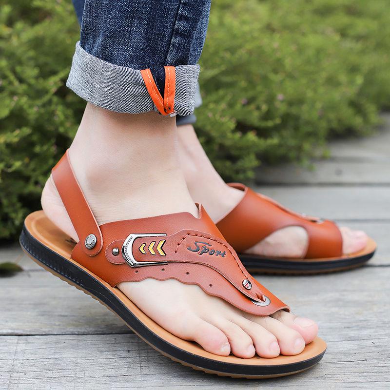 Wearable Leather Sandals Summer Men's Slippers Non-slip Driving Beach Shoes Herringbone Sandals Men