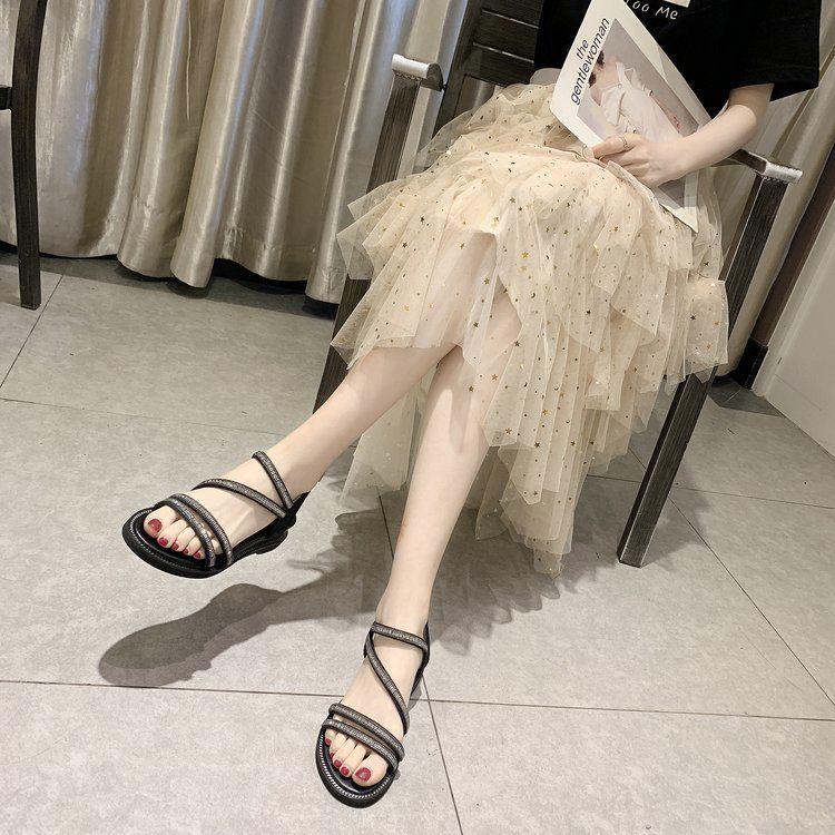 Sandals Female 2020 Roman Shoes Casual Women Summer Korean Flat Bottom Wear Rhinestone Fairy Wild Fashion Non-slip Pointed Leather Shoes