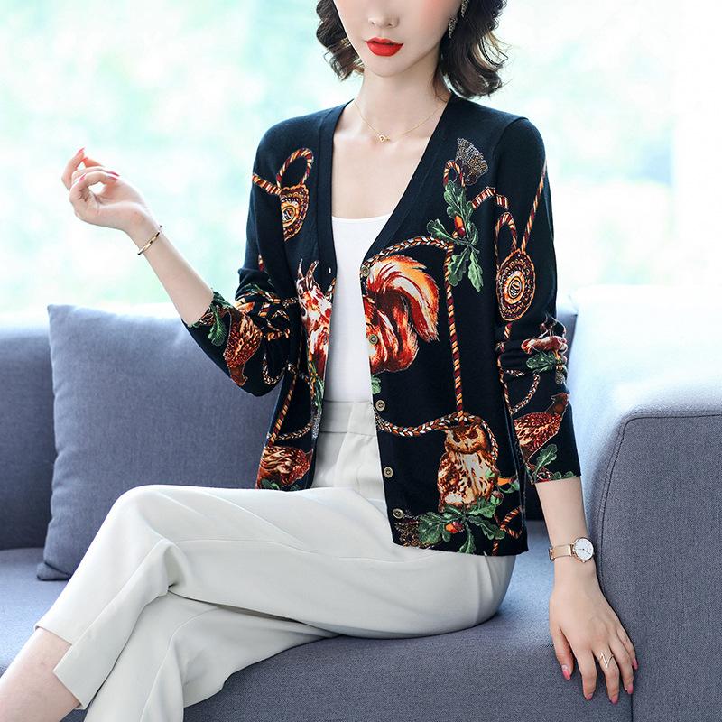 Printed Loose Sweater V-neck Wool Cardigan Sweater Jacket Women's Plus Size Knitted Coat