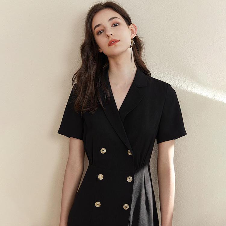 Vintage Suit Collar Short Sleeve A Line Dresses Elegant France Office Ladies Dress Retro Robe Dress
