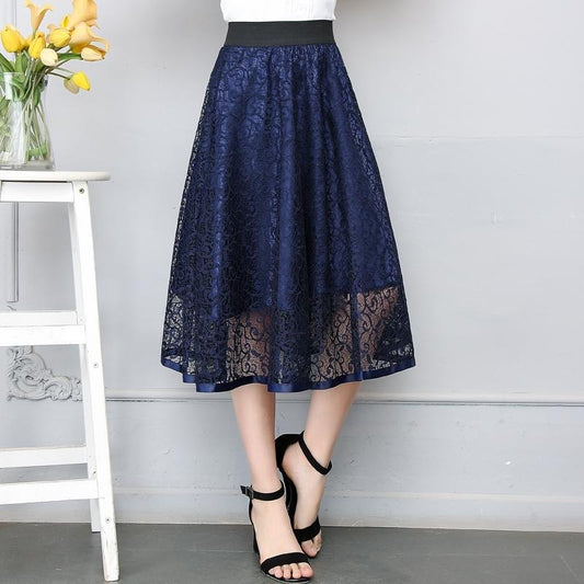 Woman High Waist Mesh Pompous Mid Long Skirt Solid Color Lace Skirt Four Seasons To Wear Elastic Waist Skirt