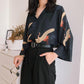 Vintage Kimono Style Japanese Cranes Classical Art Front and Back Printed Flare Sleeves Shirt Blouse Soft Wrinkle Free Cute Tunic For Her