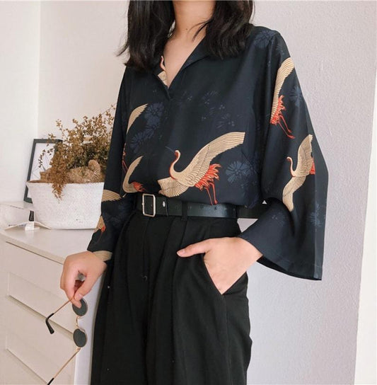 Vintage Kimono Style Japanese Cranes Classical Art Front and Back Printed Flare Sleeves Shirt Blouse Soft Wrinkle Free Cute Tunic For Her