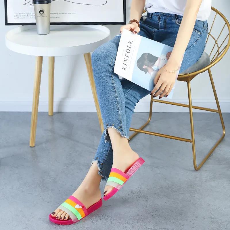 Slippers Female Summer Korean Fashion Crystal Rainbow Non-slip Thick-soled Non-smelly Feet Student Outdoor Soft-soled Beach Sandals Women