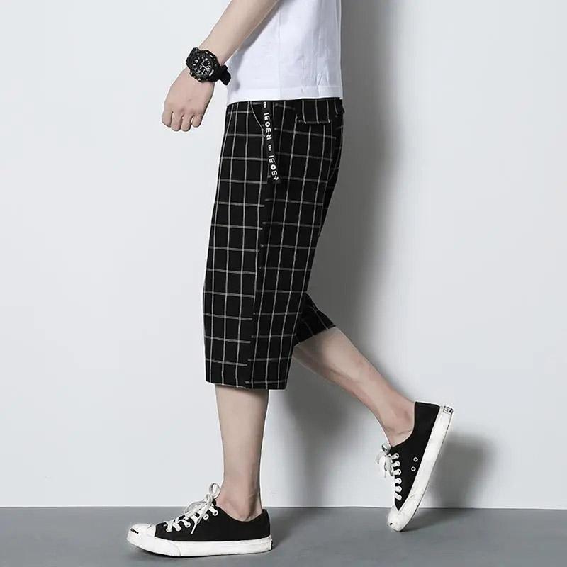 Cropped Pants Men's Summer Thin Section Plaid Shorts Korean Version of The Trend Straight Casual Pants Plus Size Fat Sports Pants