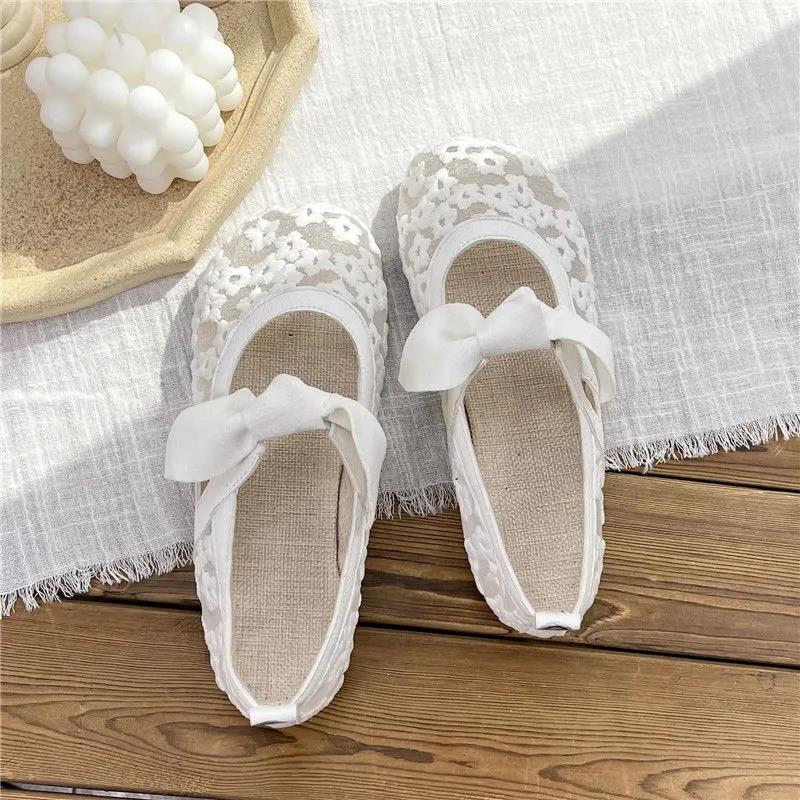Cotton and Linen Embroidered Beanie Shoes Literary and All-match Single Shoes Sweet Bow Sandals Women's Comfortable Loafers