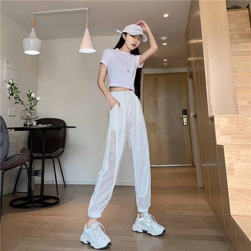 Reflective Strip Stitching Mesh Pants Summer Korean Thin Section High Waist Casual Pants Women's Sports Pants