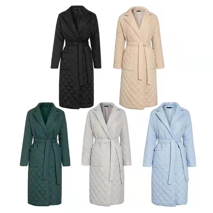 Long Straight Winter Coat with Rhombus Pattern Casual Sashes Women Parkas Deep Pockets Tailored Collar Stylish Outerwear