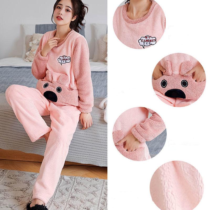 Autumn and Winter Coral Fleece Women's Pajamas Keep Warm Cute Student Flannel Long Sleeves Can Be Worn Outside Home Clothes