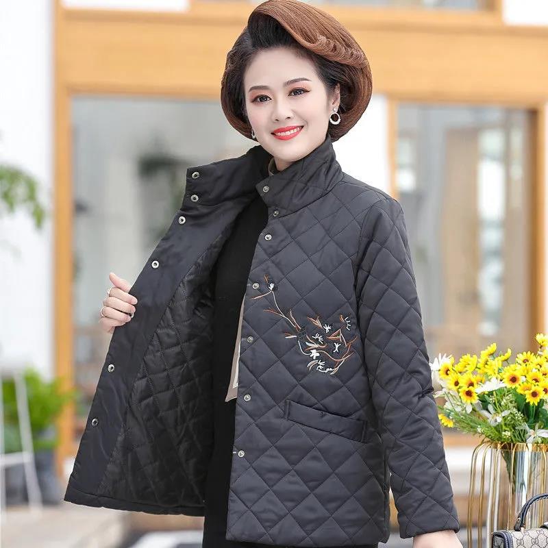 Middle-aged and Elderly Women's Embroidered Plus Cotton Padded Coat, Mother Wear Autumn and Winter Tops, Light Cotton Coat