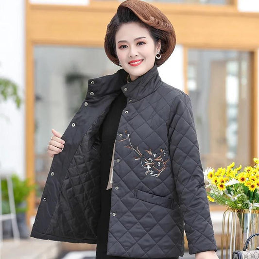 Middle-aged and Elderly Women's Embroidered Plus Cotton Padded Coat, Mother Wear Autumn and Winter Tops, Light Cotton Coat