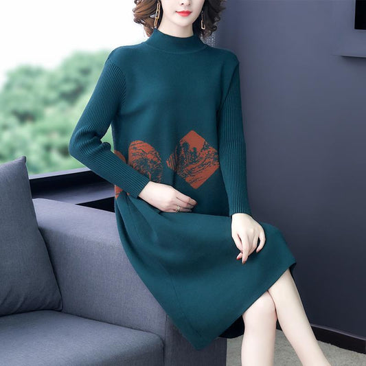 Autumn and Winter Plus Size Thick Sweater Half High Neck Loose Knit Top Mid-length Middle-aged Ladies Sweater Dress
