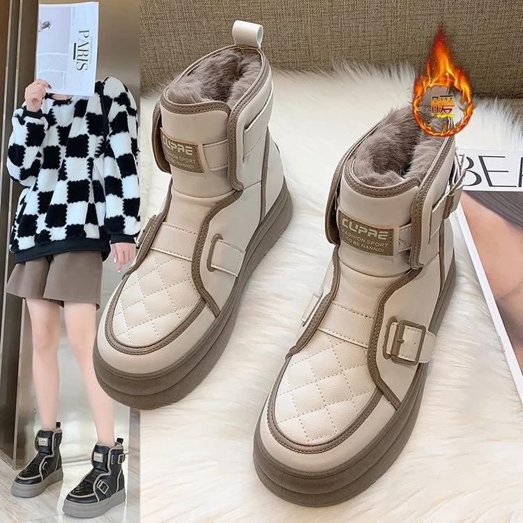 Platform Boots Women Winter Plush Warm Snow Boots with Fur Black White Leather Ankle Booties Chunky Boots Fashion Shoes