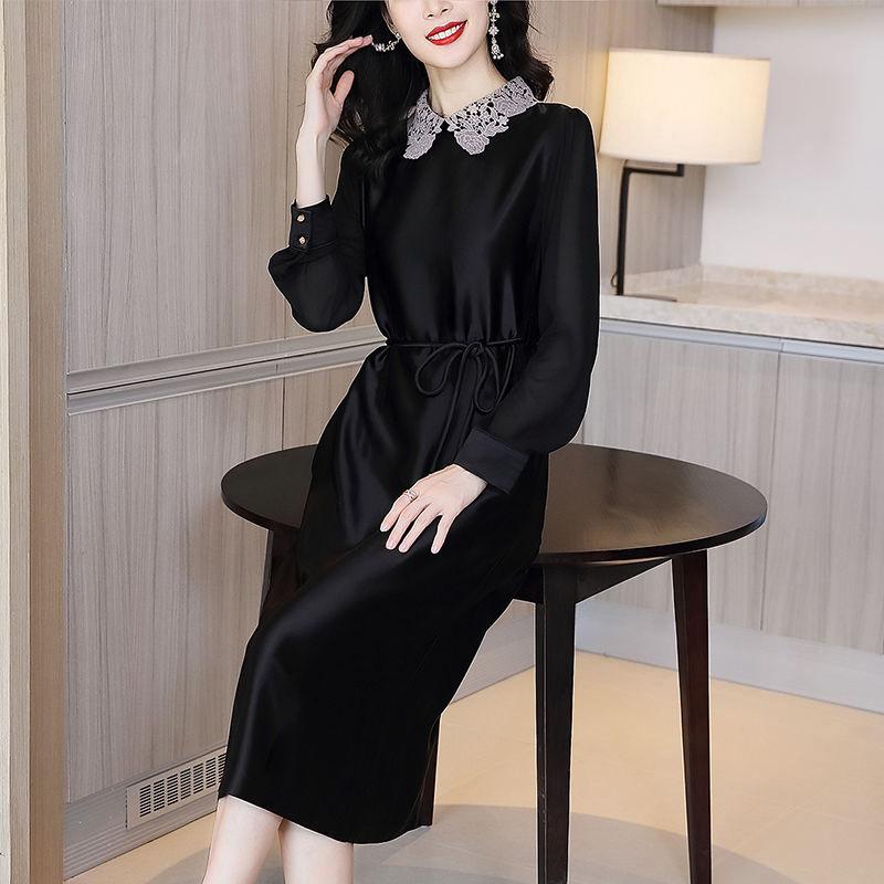 Plus Size M-XXXXL Summer Silky Satin Ladies Dress Over-the-knee Stand-collar Dress Free Belts of The Same Color