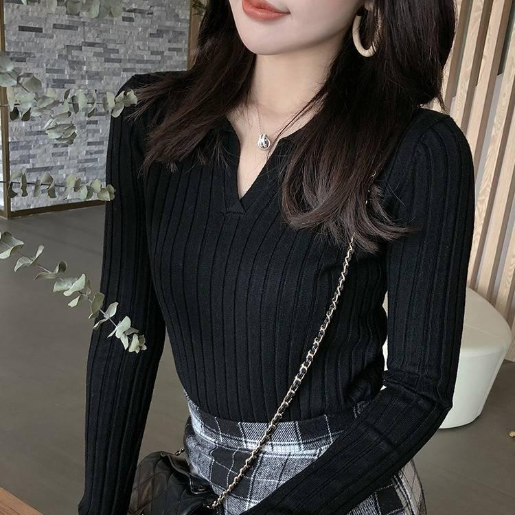 Pofulove Autumn Winter Gentle Sweater Women's Long-sleeved Inside Outer Wear Slim V-neck Sweater