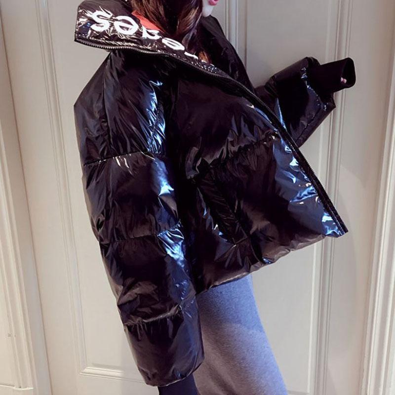 Winter Down Jacket Fashion Shiny Leather Down Jacket Short Thick Loose Leather Jacket