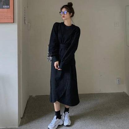 Women Sexy Knitted Dresses Solid Color High Elasticity Irregular Long-sleeved Spring and Autumn Dress