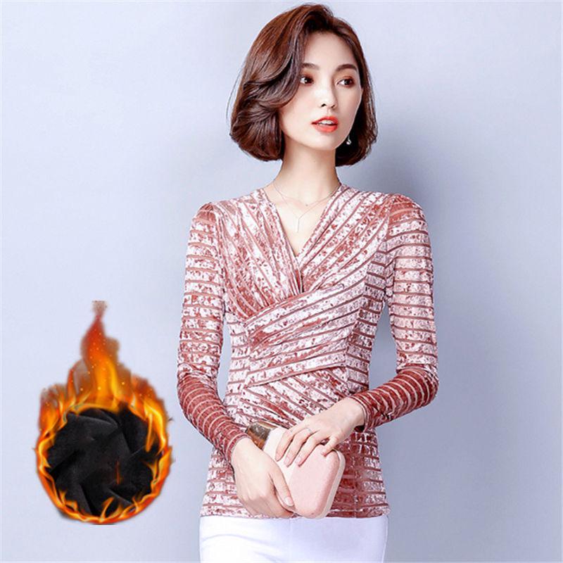 Autumn Winter Plus Velvet Pullover Long-sleeve V-neck Velvet Blouse Slim Plus Size  Sweater Women