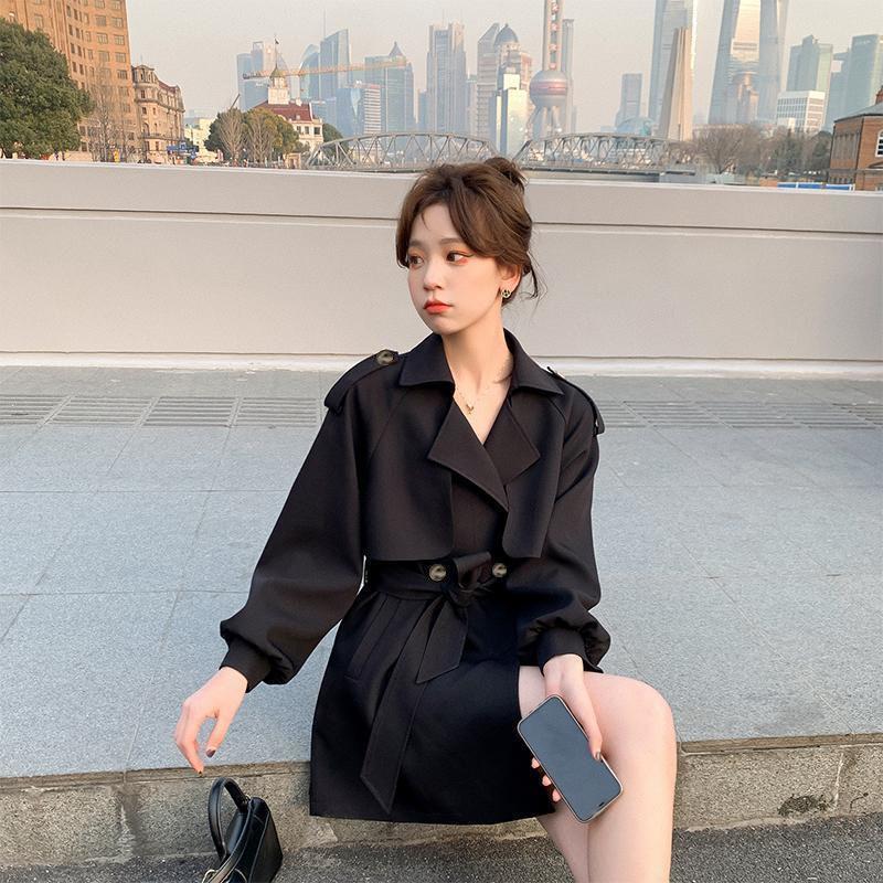 Temperament Jacket British Style Casual Mid-length Windbreaker Women's Suit Collar Loose Bo Jacket Gift Belt Waist Slimming