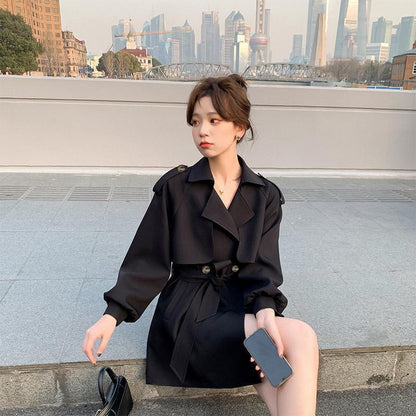 Temperament Jacket British Style Casual Mid-length Windbreaker Women's Suit Collar Loose Bo Jacket Gift Belt Waist Slimming