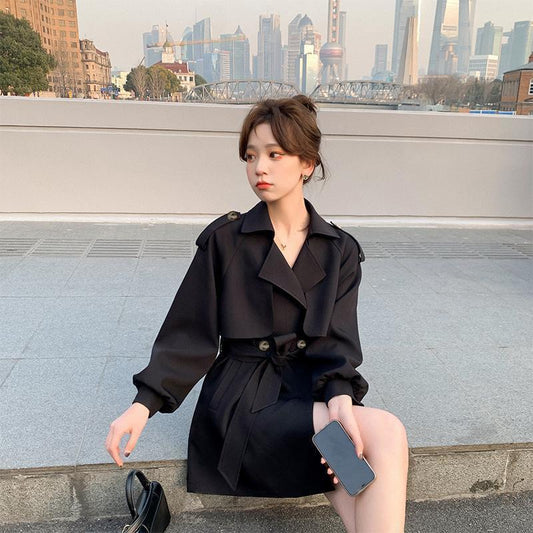 Temperament Jacket British Style Casual Mid-length Windbreaker Women's Suit Collar Loose Bo Jacket Gift Belt Waist Slimming