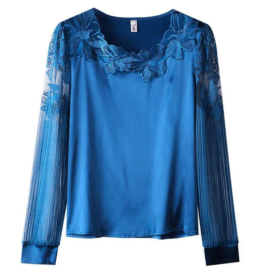 Women's Spring and Summer Solid Color Lace Blouses Female Large Size Long Sleeve Hollow-carved Design Tops