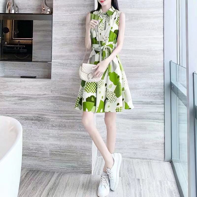 Chiffon Dress Women's Waist Slimming Temperament Avocado Green A-line Version Waist Sleeveless Dress Ladies Temperament Dress Work Can Be Worn