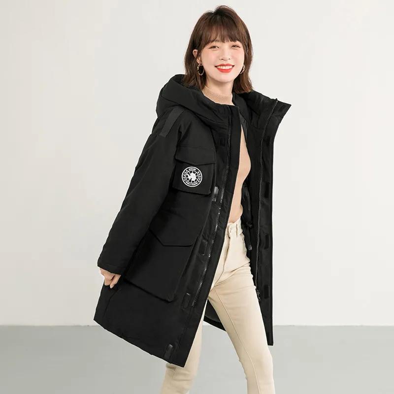 Down Jacket Women's Mid-length High-end Tooling Large Pockets Loose Thickened Coat Winter Warm Drop-shoulder Cotton Clothes Casual Outdoor Jacket