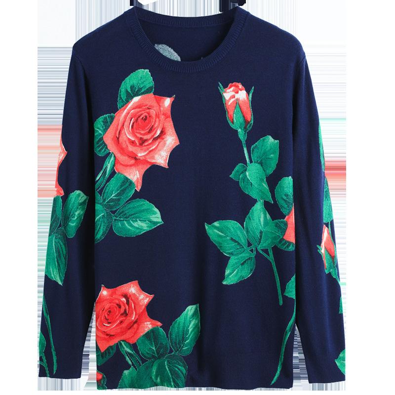 Ethnic Style Rose Print Sweater Women Fall Winter Casual Pullover Sweater Retro Plus Size Woolen Sweater